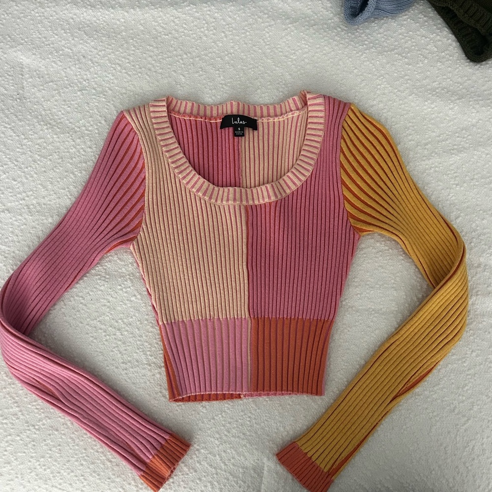 Lulu's Colorblock Ribbed Knit Top - Pink, Orange, and Cream